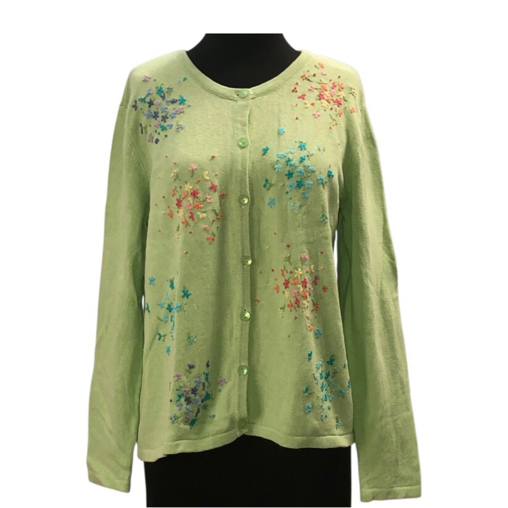 The Tog Shop Floral Embroidered Lime Green Sweater Cardigan Button Front Size L